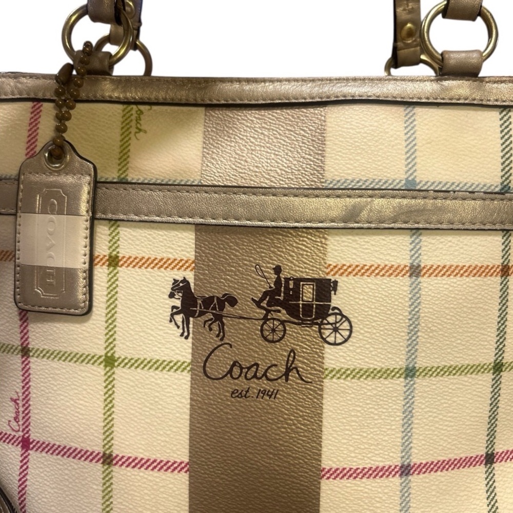 Coach Tattersall Plaid Tartan Tote Bag ✨ Gold Metallic Trim Y2K